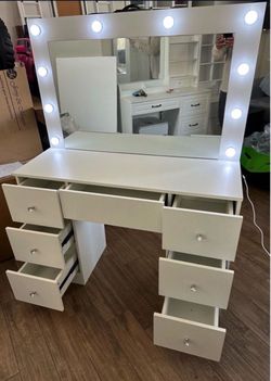 White Vanity Desk with Lighted Mirror and Drawers