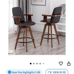 Counter Stools Set of 2, Upholstered Faux Leather Counter Height Bar Stools, Swivel Counter Chairs with Wooden Arms and Legs (Black, 26" Seat Height)
