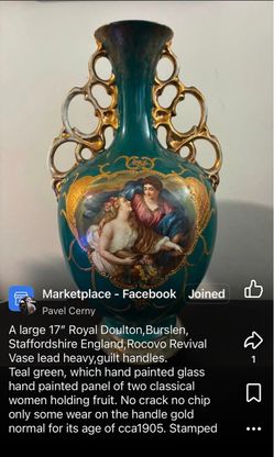 Antique Teal Porcelain Vase with Hand-Painted Scene