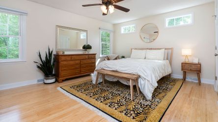 3 Piece Solid Oak Bedroom Suite - 2 Dressers, 1 Side Table with Brass Modern Pulls.
