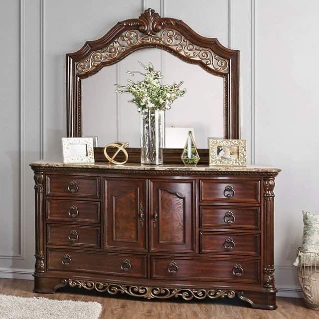 BROWN CHERRY FINISH MARBLE TOP DRESSER CABINET - GABETA TOCADOR MARMOL CAJONERA