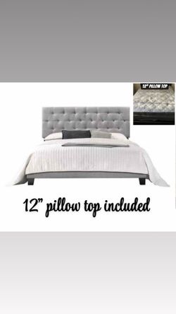 Brand new king size bed frame with a brand new 12” pillow top mattress and box spring included