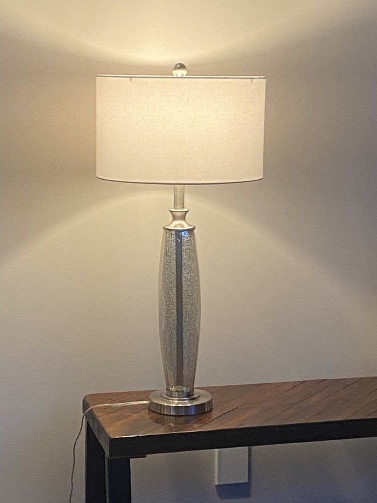 Contemporary Table Lamp With The Heavy Mercury Glass Base And New White Shade H26.5"Ex