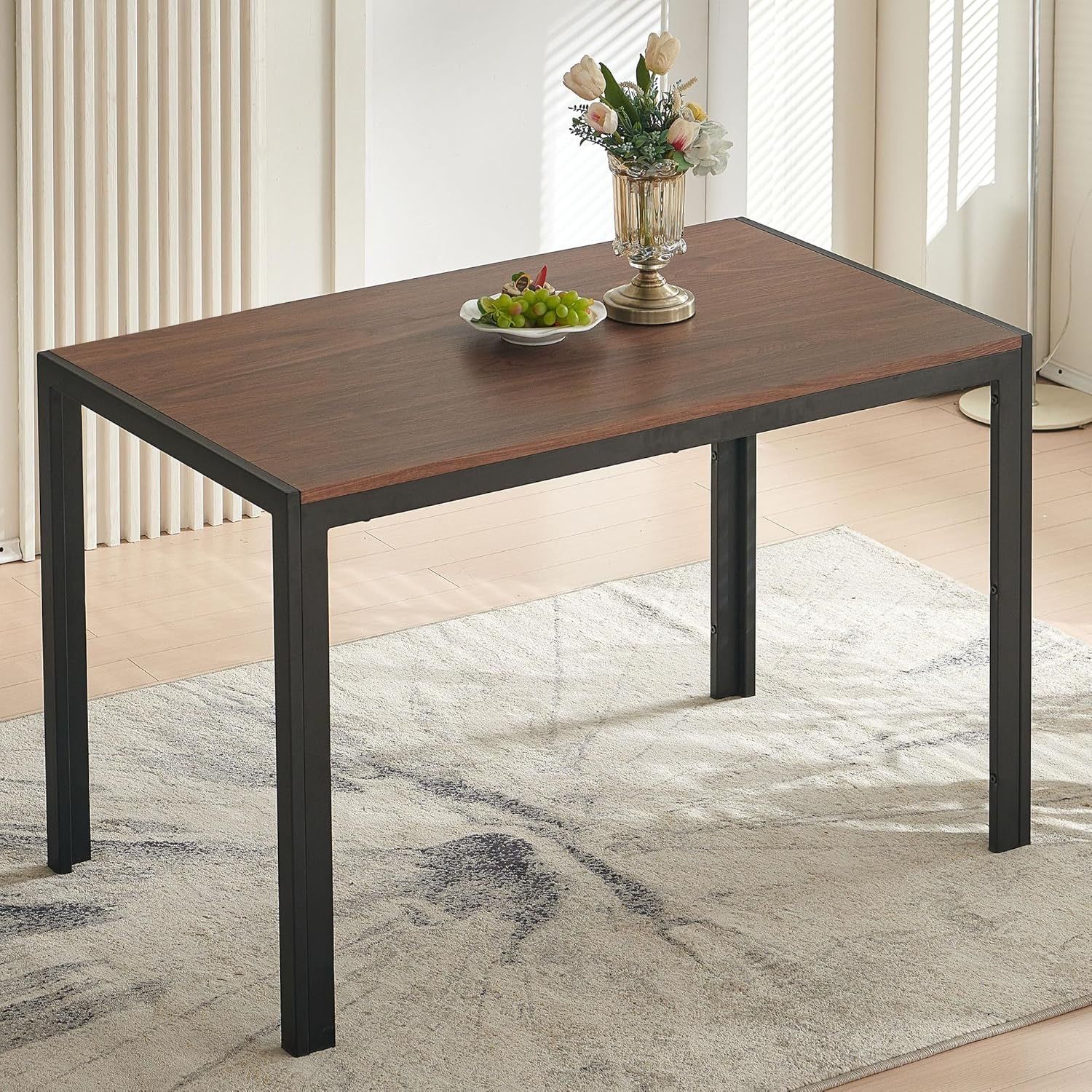 47" Dining Table, 4-Person Indoor Walnut Wood Grain Effect Table with Metal Legs, Rectangular Kitchen Table for Dining Room, Kitchen, Home Office, and