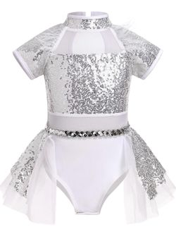 New with tags Girls Silver Sequins Ballet Dance Leotard Performance Feather Tutu Dress 7-8 Years old