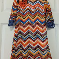 Rare Editions Multicolor Chevron Knit Dress with Orange Flower Girls Size 5T