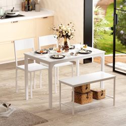 4-Piece Kitchen Dining Table Set with 1 Bench and 2 Chairs, Dinner Bench Table Set for 4, Wooden Kitchen Table and Chairs for Limited Space,White