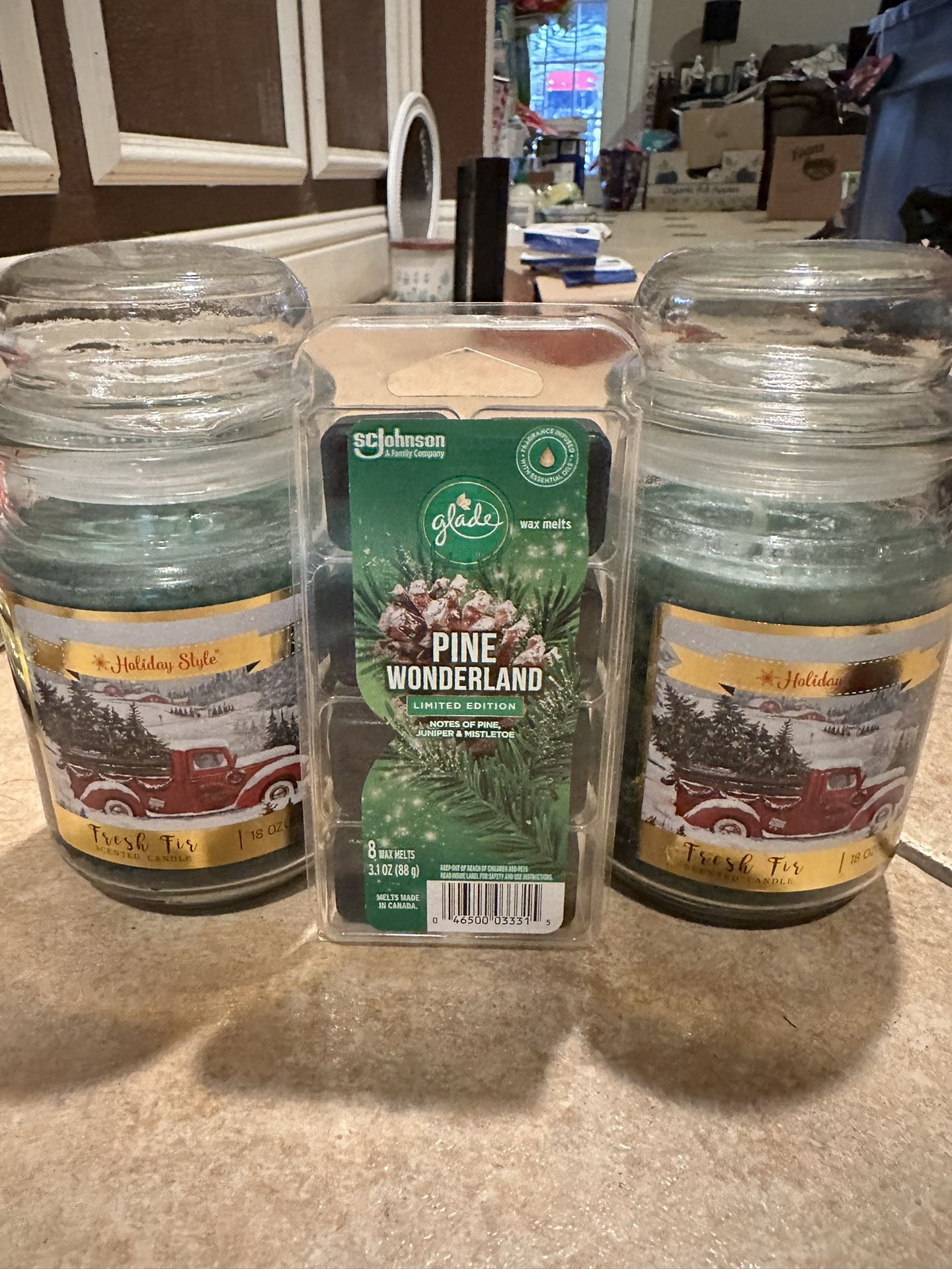 Two Sets Of Pine Scented Large Candles And Wax Melts. $10 Each Bundle Or Both For $16 