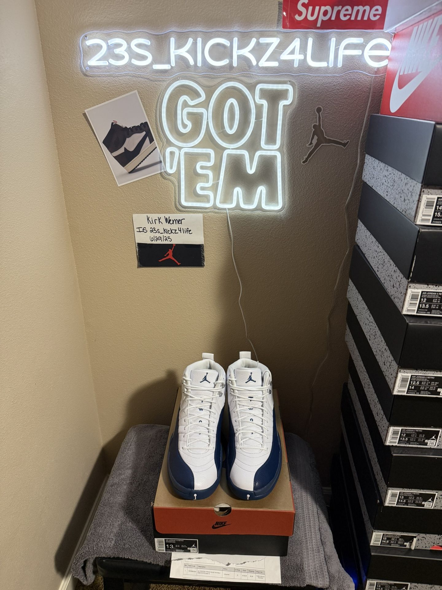Brand new Air Jordan French Blue 12โs size 13 with original box and proof of purchase.