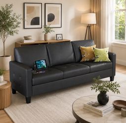 73” Black Faux Leather Sofa Couch, Modern Comfy Office 3 Seater Couch Loveseat with USB and Tufted Armrest, Small Love Seat Couches for Living Room, B