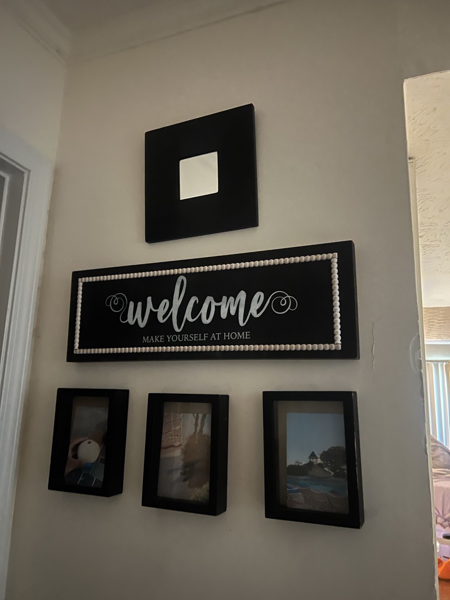 Welcome Sign, Mirror, 3 Picture Frames