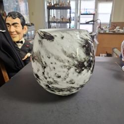 Franki Gray Vase Blown Glass W/Black, White & Gray Orb Vase Bullicante Style Controlled Bubbles 7.5"H X 5.25 Top Opening