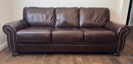 Dark Brown Genuine Leather Couch – Excellent Condition