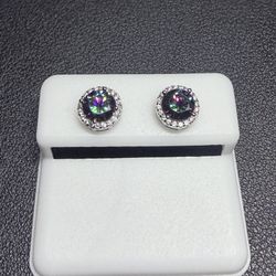 925 Silver  Mystic Topaz CZ Halo Stud Earrings 