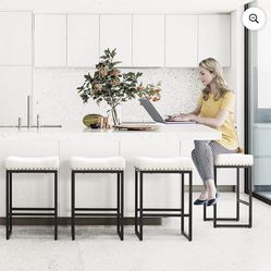 LUE  Bona 4 Taburetes de Bar con Altura de Mostrador y Asiento de 24", Cuero Sintético Moderno, para Cocina, Blanco