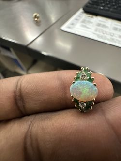 14K Yellow Gold Natural Opal Emerald and Diamond Art Deco Style Halo Ring