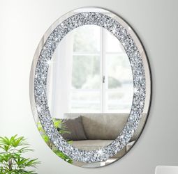 DMDFIRST Crystal Crushed Diamond Oval Shaped Silver Mirror Glam Bling for Wall Decoration 24x32x0.9inch Frameless Wall Hang Sparkly Glass Mirror Stunn
