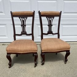 Pair Of Antique Chippendale Parlour Wood Short  Chairs