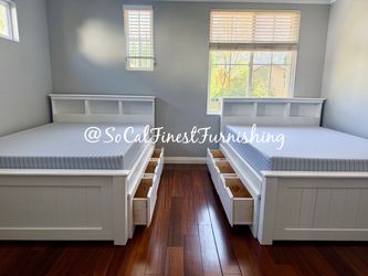 2 white full bed and mattress with drawers