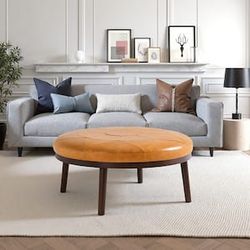 Uixe Brown Leather Round Ottoman