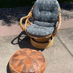 Vintage Bamboo/Rattan Swivel Chair With Leather Horse Hay Poof