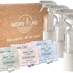 Nature Lake Household Cleaner Sprayer Kit - 3 Refillable 16 oz Glass Cleaner Bottles + 2 Tablets for Bathroom + 2 for Glass + 2 General Household Clea