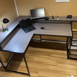 Gray Reversible L Shaped Computer Desk W/ Storage Shelf