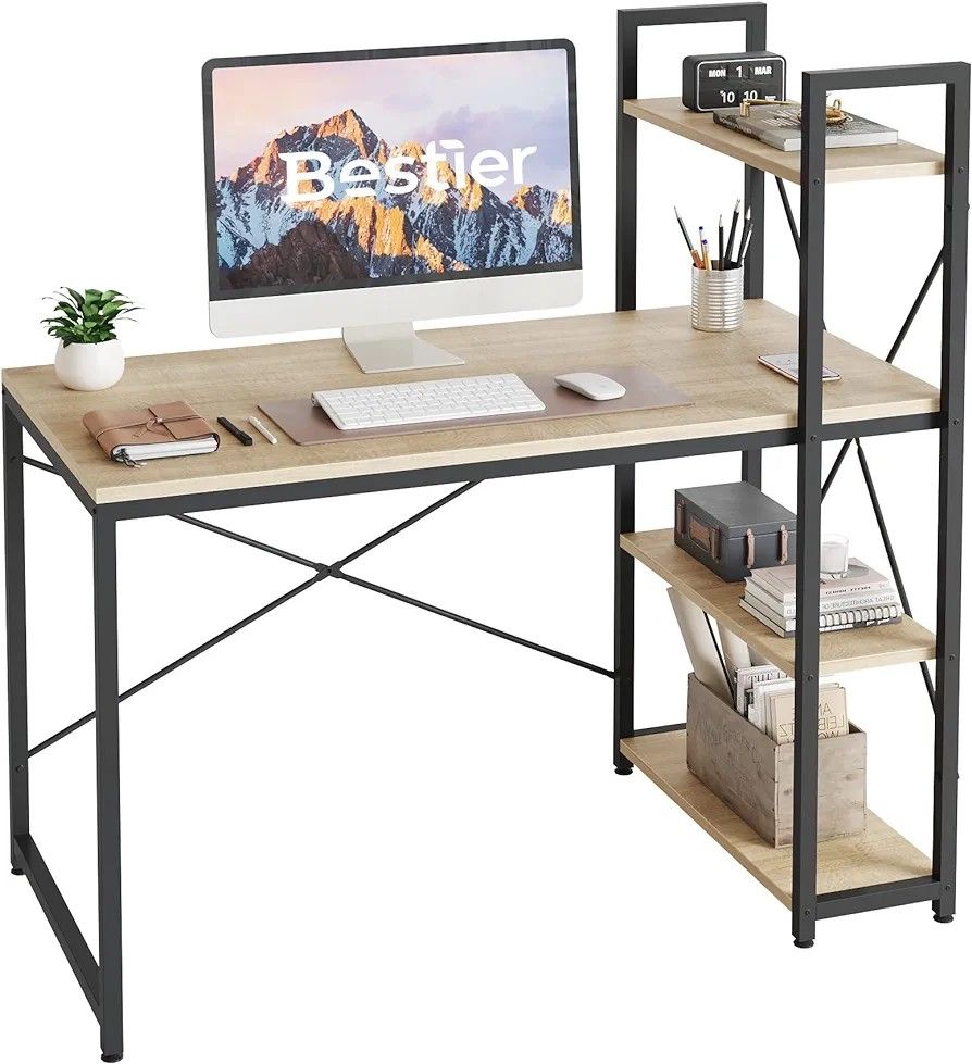 Bestier 47 Inch Computer Desk with Adjustable Shelves, Simple Writing Desk with Reversible Bookshelf and Metal Legs for Home office and Studio, Oak