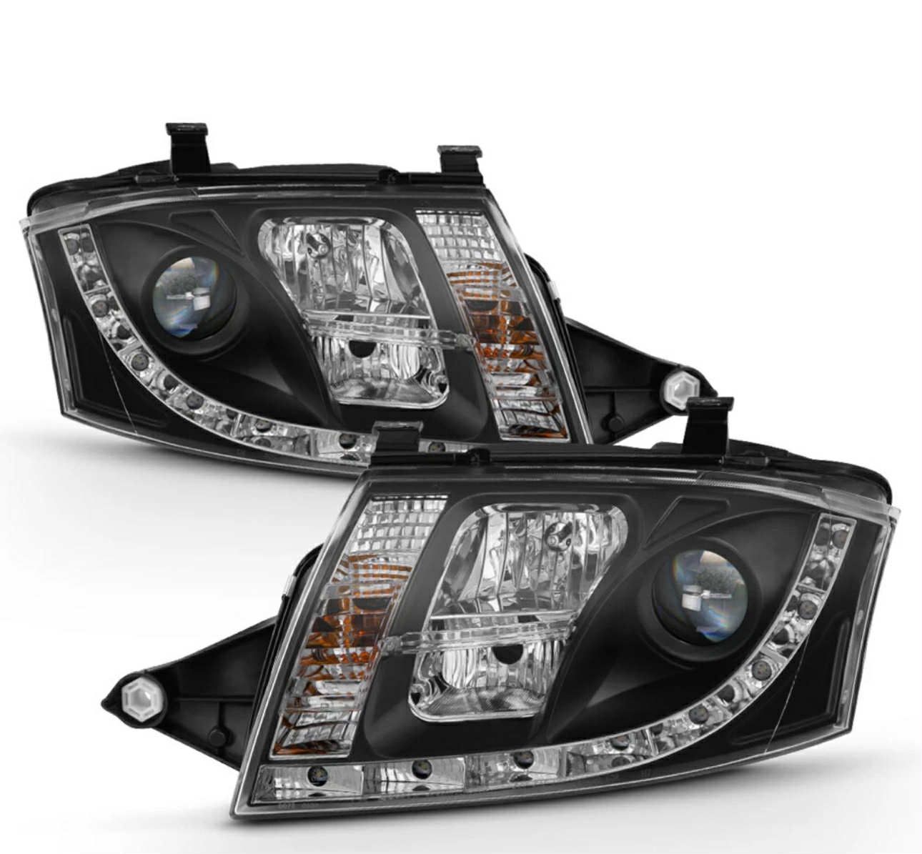 2000-2006 AUDI TT BLACK PROJECTOR HEADLIGHTS WITH LED RUNNING DAYTIME LAMPS. 