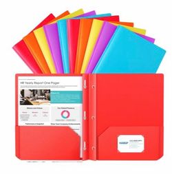NEW - 10 Multicolor Plastic 2-Pocket Folders with Prongs