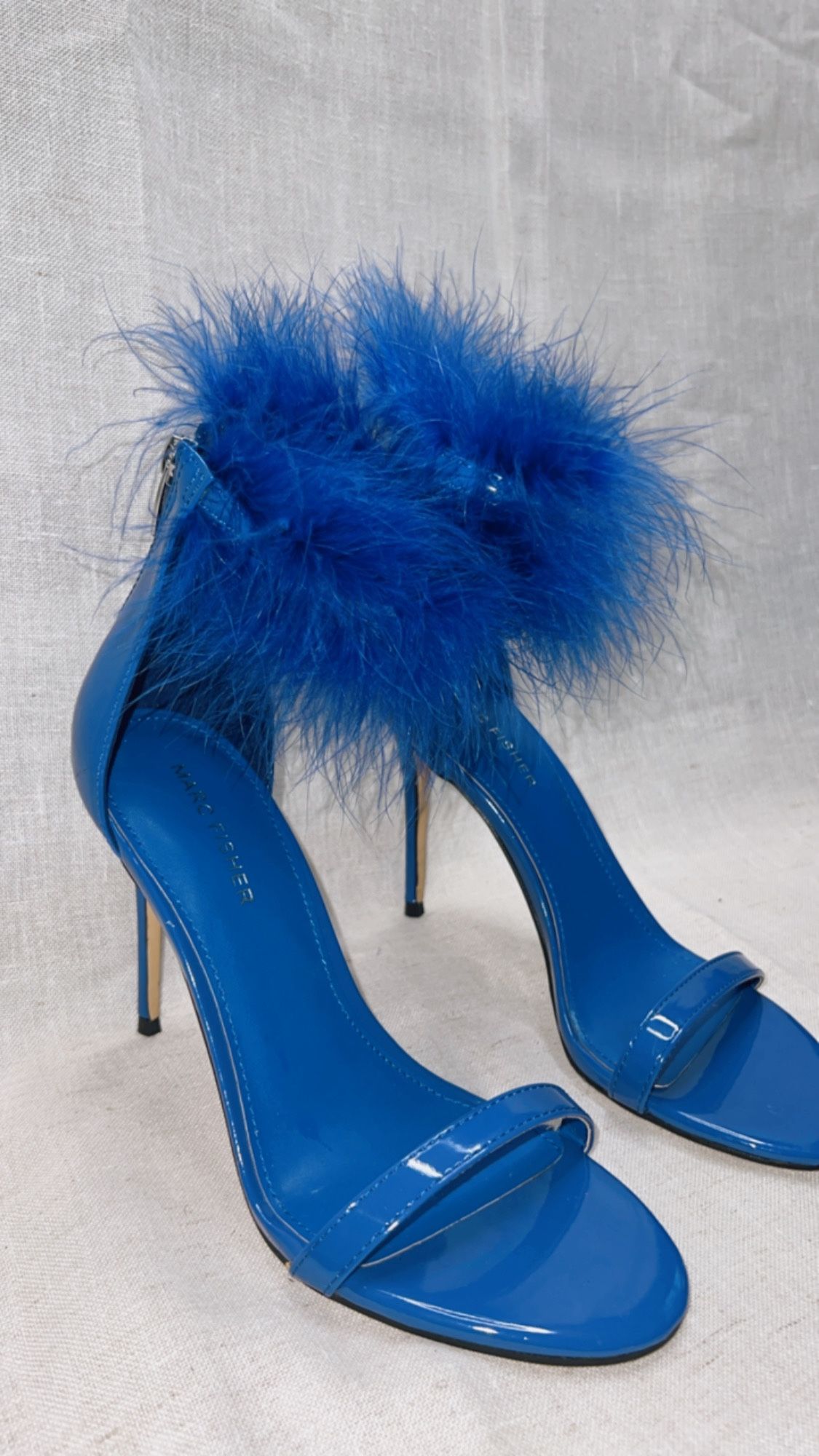 Marc Fisher Genivy Feather Ankle Strap Sandals Heels Blue, Size 7