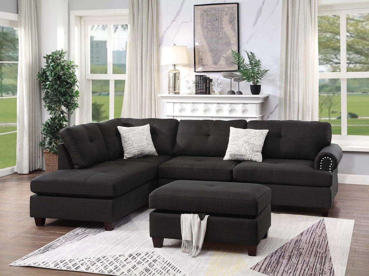 Brand New Black Sectional Sofa w Storage Ottoman