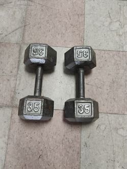 Pair of 35-pound cast iron hex dumbbells