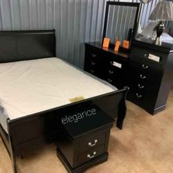 Louis Philippe Black Color Bedroom Set 4-Piece (Qb, Dresser Mirror Nightstand)