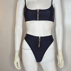 Black And Gold Zip Front Bikini Set Size S