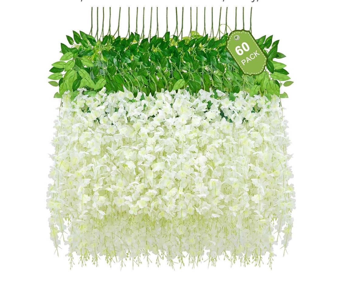60 Pack White Wisteria Hanging Flowers, Fake Hanging Flowers for Decoration, Artificial Hanging Flowers Vines for Bedroom, Flower Garland for Home, Pa
