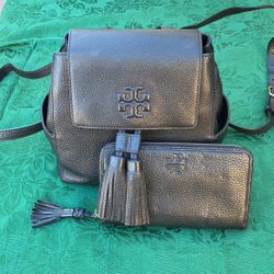 Tory Burch Black Leather Backpack And Wallet. Paid $825, Sell For $175