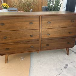 New Mid Century Dresser W Curved Corners. Pine Wood / Walnut Finish. 61”x17”x36”H. Free Delivery!