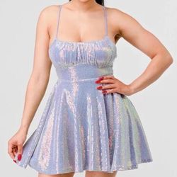 Blue Iridescent Sequin Lace-Up Back Mini Dress