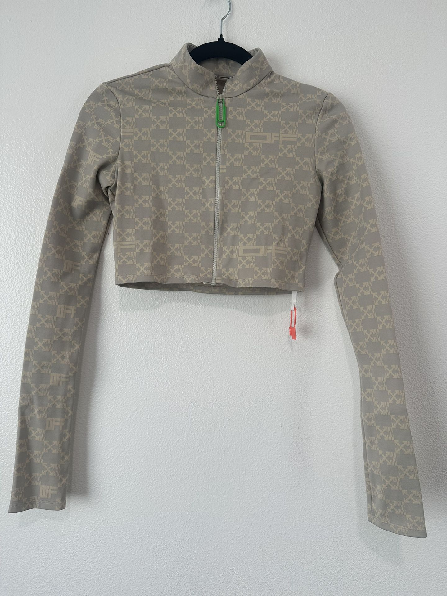 Off-White Beige Monogram Cropped Zip-Up Jacket