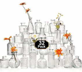 Arme Glass Bud Vase Set of 32 Pcs,Small Glass Vases for Flowers,Clear Bud Vases in Bulk,Vintage Vases for Centerpieces,Small Glass Bud Vase for Rustic