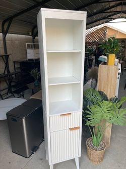 Tall White Storage Cabinet with Open Shelves
