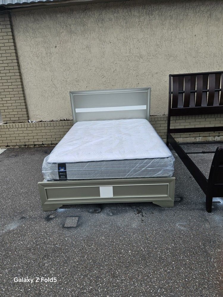 Silver Queen Size Solid Wood Bed Frame With Brand New Queen Size Plush Sealy Posture Pedic Mattress And Box Spring In Plastic 