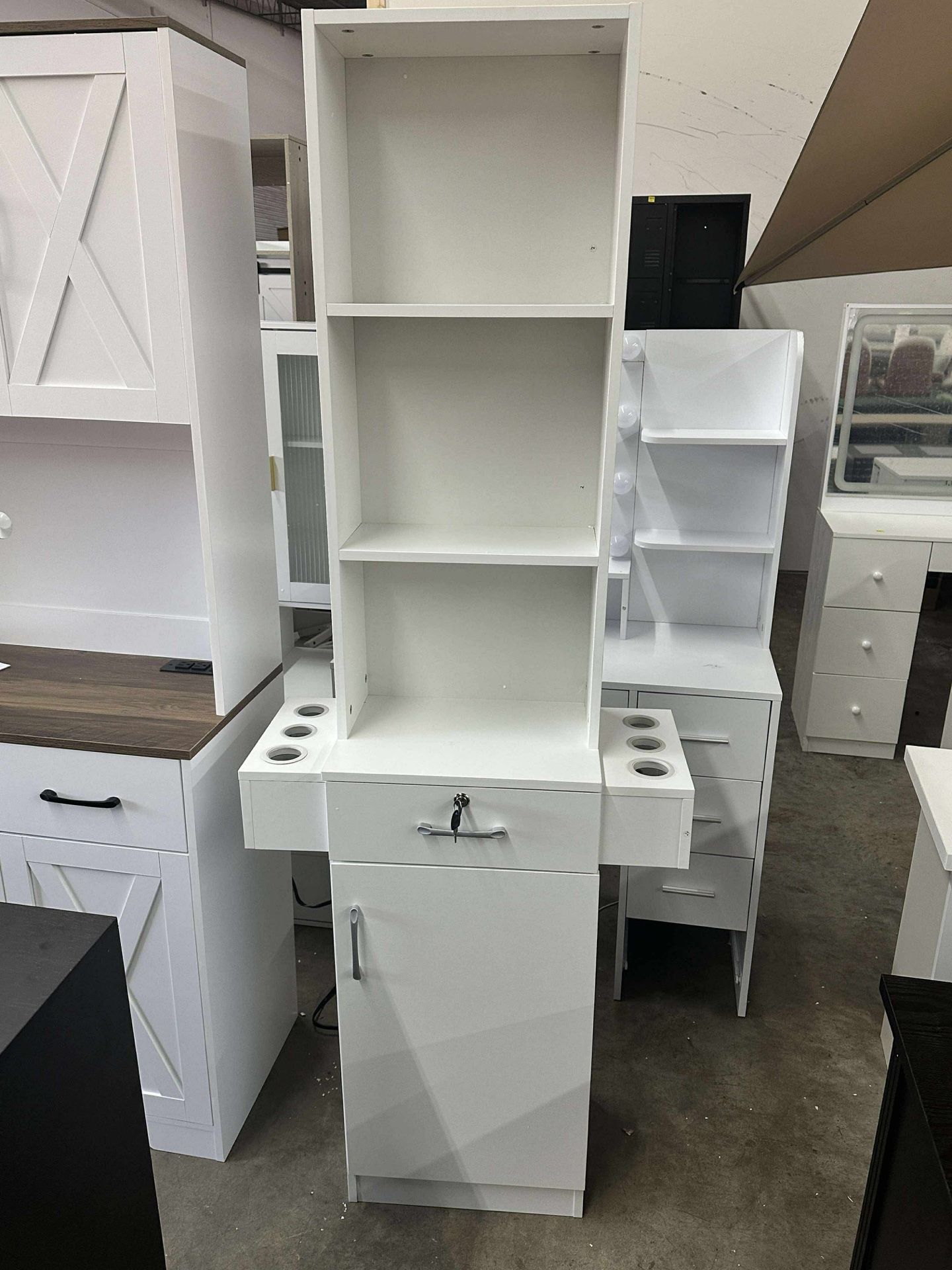 Salon Station, Barber Stations with 3-Tier Storage Shelf with Door, Hair Styling Storage Cabinet with 2 Drawer,