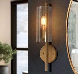 Uolfin 
17 in H. Modern Cylinder Wall Sconce Large Brass with Seeded Glass Shade