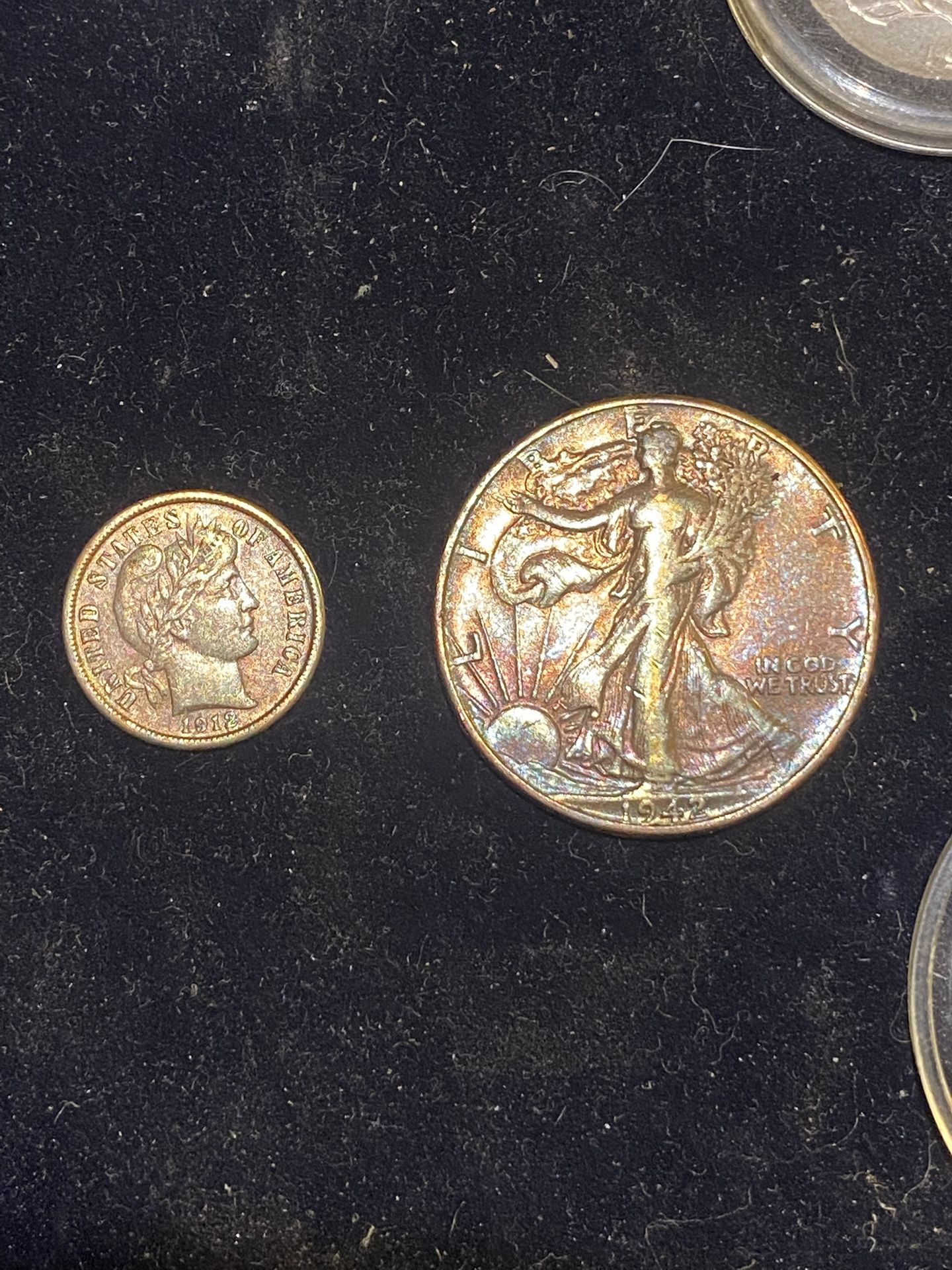 1942 Rainbow Tone Walking Liberty/1912 Rainbow Tone, Barber Dime