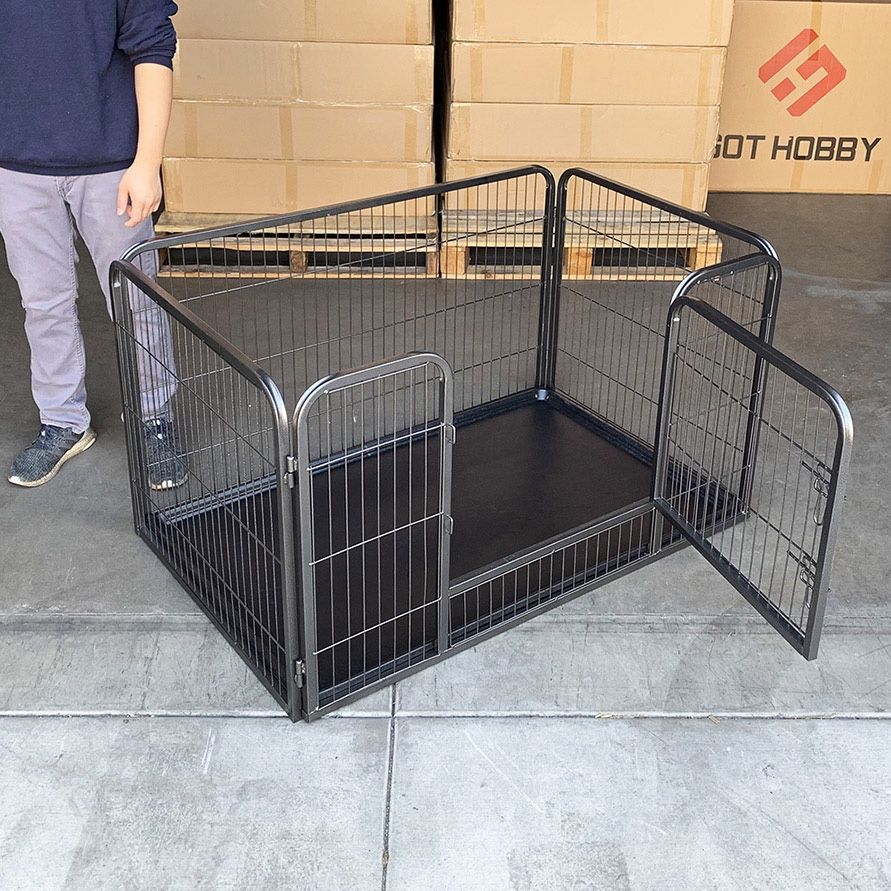(NEW) $95 Heavy Duty Pet Playpen with Plastic Tray, Dog Cage Kennel 4 Panels, 49x32x28 inches