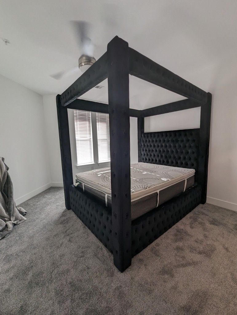 Black Canopy Upholstered Queen Size Bed Frame, Mattress 