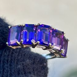 10K Gold Emerald Cut Amethyst 5 Stone Ring Size 6.5