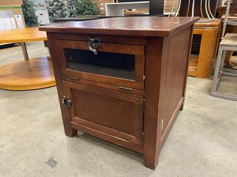 Vintage Wooden Accent Table with Fold Out Glass Cabinet and Magazine Bin